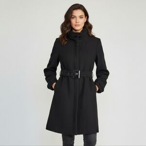 Ricki’s Women's Black Belted Funnel-Neck Wool Blend Coat Size Small